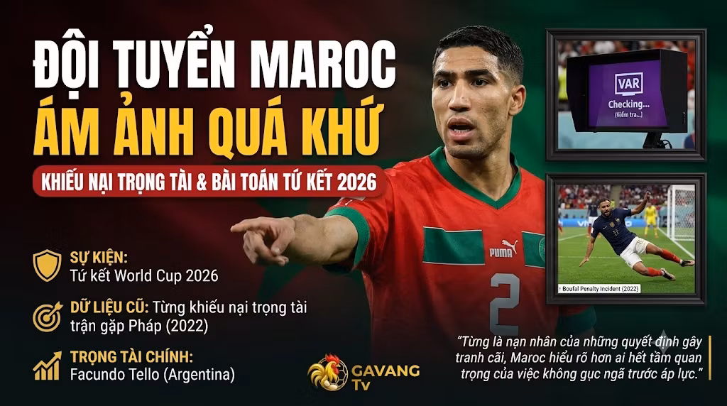 Ngôi sao Achraf Hakimi và Đội tuyển Maroc đối diện với bài toán trọng tài và nỗi ám ảnh VAR khi đụng độ Pháp, nhận định bóng đá trên Gavang TV.