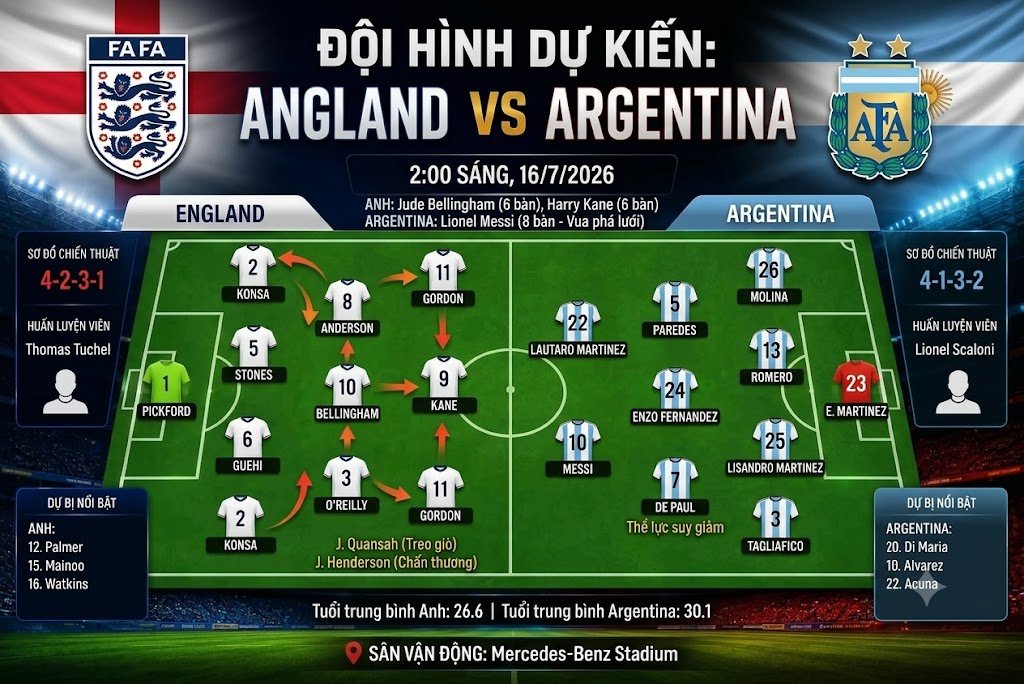 Đồ họa sơ đồ chiến thuật chi tiết cho trận bán kết Anh vs Argentina. Bên Anh (4-2-3-1) với Jude Bellingham (6 bàn) và Harry Kane (6 bàn); bên Argentina (4-1-3-2) với Lionel Messi (8 bàn). Bao gồm thẻ treo giò Quansah và chấn thương Henderson.