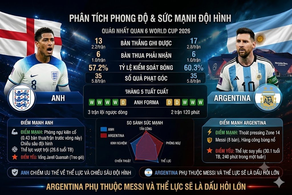 Đồ họa so sánh phong độ và sức mạnh giữa Anh và Argentina cho trận bán kết World Cup 2026. Bao gồm thống kê 6 trận (Bàn thắng, Bàn thua, Phạt góc TB 5.8/trận), chuỗi trận gần đây (Anh 3 lội ngược dòng), biểu đồ radar so sánh các yếu tố, và các điểm mạnh/yếu cụ thể về thể lực và chiến thuật.