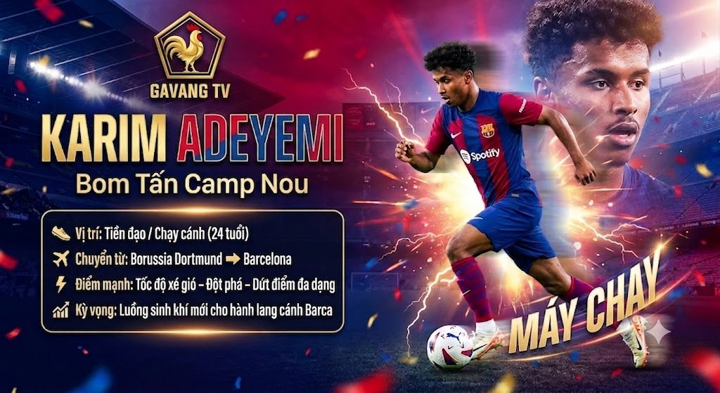 Đồ họa tiền đạo Karim Adeyemi với biệt danh máy chạy chính thức cập bến Barcelona. Phân tích thông số tân binh Barca trên trang trực tiếp bóng đá Gavang TV.