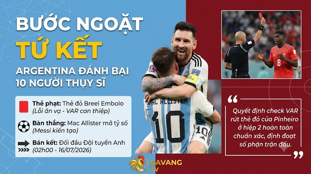 Bước ngoặt tứ kết World Cup 2026 khi Messi ăn mừng bàn thắng cùng Mac Allister và tình huống thẻ đỏ của Breel Embolo - Phân tích chiến thuật tại Gavang TV.