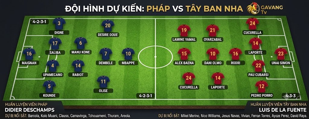 Sơ đồ đội hình dự kiến trận Pháp vs Tây Ban Nha tại bán kết World Cup 2026, chiến thuật 4-2-3-1 đối đầu 4-3-3.