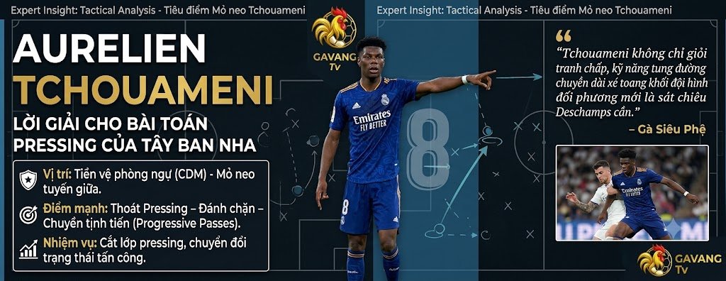 Chuyên gia Gavang TV phân tích chiến thuật: Tiền vệ phòng ngự Aurelien Tchouameni là mỏ neo then chốt giúp tuyển Pháp cắt lớp pressing của Tây Ban Nha.