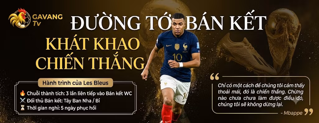 Kylian Mbappe dẫn bóng tốc độ cao thể hiện khát khao chiến thắng cùng đội tuyển Pháp trên con đường chinh phục chiếc cúp vàng World Cup 2026. Hình ảnh nhận định từ chuyên gia Gavang TV.