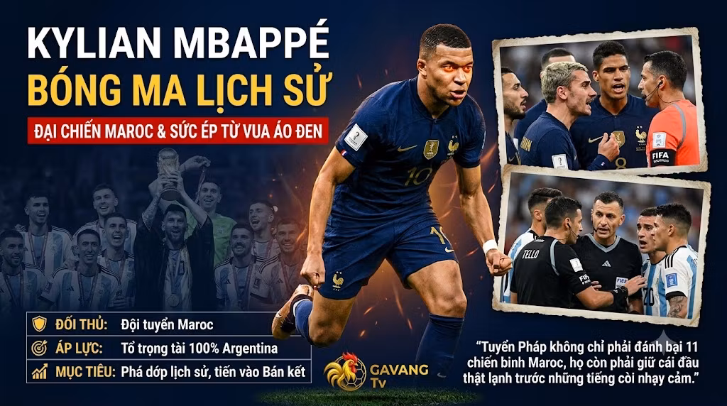 Tiền đạo Kylian Mbappé của đội tuyển Pháp đối mặt với sức ép trước tổ trọng tài Argentina trong trận đại chiến với Maroc, thiết kế bởi Gavang TV.