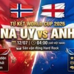 Hình ảnh nhận định trận đấu tứ kết World Cup 2026 giữa Na Uy và Anh, làm nổi bật cuộc đối đầu giữa Erling Haaland và Jude Bellingham cùng các thông tin tỷ lệ kèo.