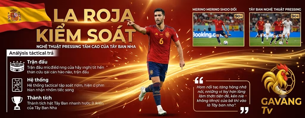 Phân tích Tây Ban Nha vs Bỉ: Tiền vệ Mikel Merino đại diện cho lối chơi kiểm soát và pressing tầm cao của La Roja tại tứ kết World Cup 2026 - Hình ảnh từ Gavang TV.