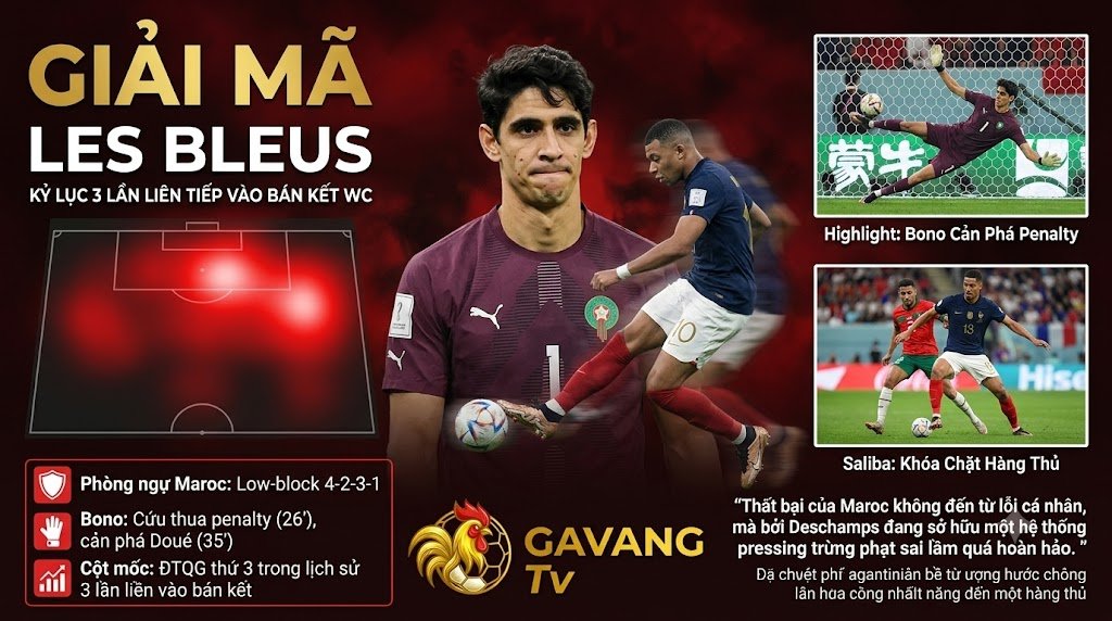 Phân tích chiến thuật Pháp 2-0 Maroc: Cách HLV Deschamps giải mã khối đội hình Low-block và sự xuất sắc của thủ môn Yassine Bounou - Chuyên gia Gavang TV.