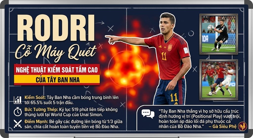 Phân tích chiến thuật Gavang TV: Cỗ máy quét Rodri và nghệ thuật kiểm soát không gian đỉnh cao giúp Tây Ban Nha áp đảo Bồ Đào Nha.
