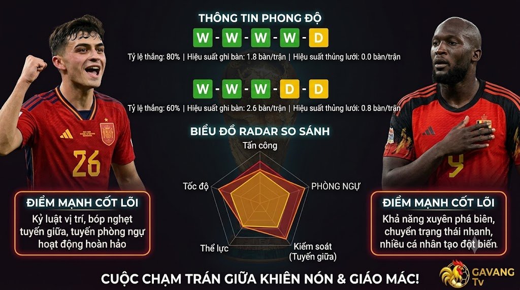 Biểu đồ phân tích thống kê phong độ và tỷ lệ sức mạnh Tây Ban Nha đối đầu tuyển Bỉ - Gavang TV