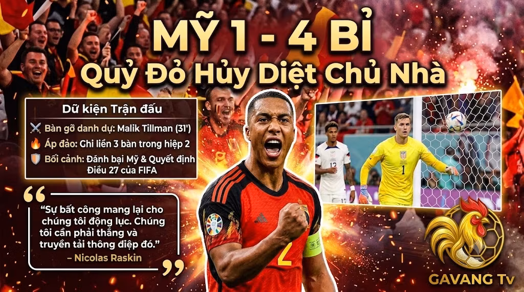 Cầu thủ đội tuyển Bỉ gầm lên ăn mừng chiến thắng hủy diệt 4-1 trước đội chủ nhà Mỹ tại vòng 1/8 World Cup 2026, đập tan áp lực từ bê bối của FIFA.